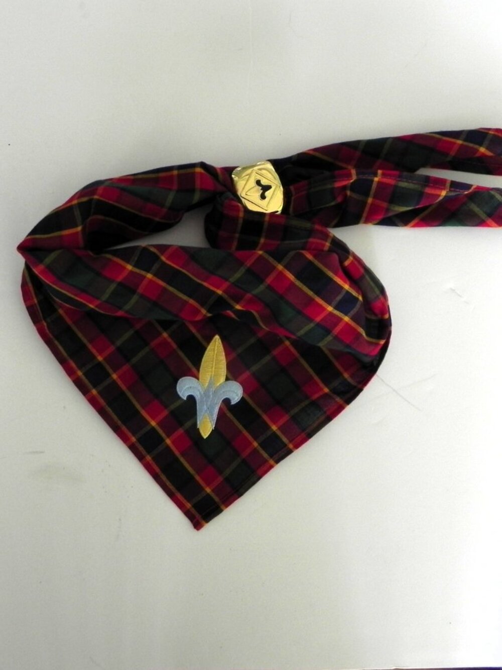 Boy Scouts of America BSA Plaid Neckerchief and Brass Slide Set Fleur-de-lis